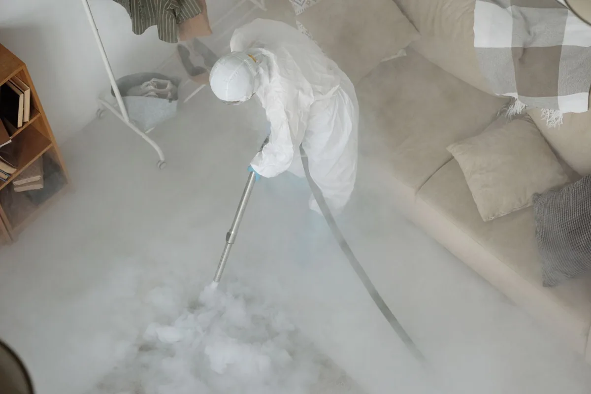 Biohazard cleanup technician in protective equipment, Gardnerville, NV